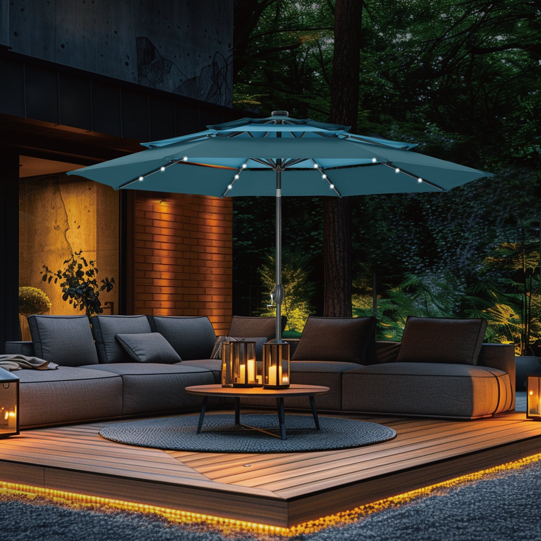 MAISON ARTS 10ft 3 Tier Auto-tilt Patio Umbrella Outdoor Double Vented Umbrella with LED Lights