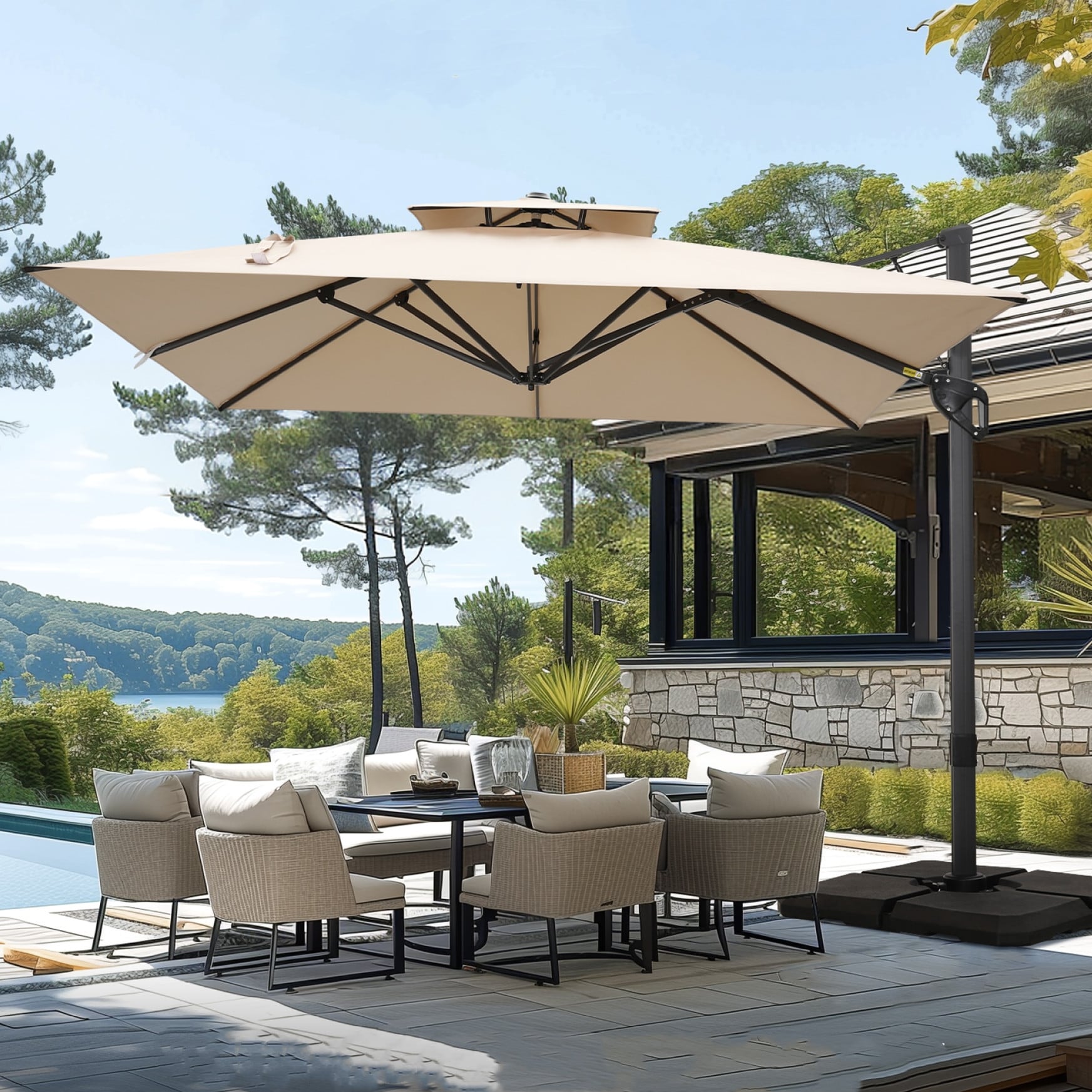 MAISON ARTS 12 FT Automatic Hydraulic Cantilever Umbrella Aluminum Pole 360 Degree Rotation