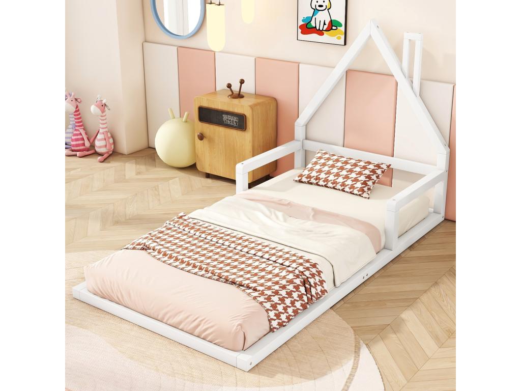 Cabin bed 90x200cm flat children's bed in the shape of a house with slatted base by Meublori in solid white pine