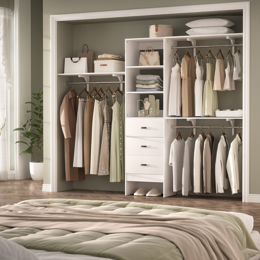 Rackcog 120'' Adjustable Closet Organizer with Drawers, Closet System with DIY Shelves for Reach-in and Walk-in Closet