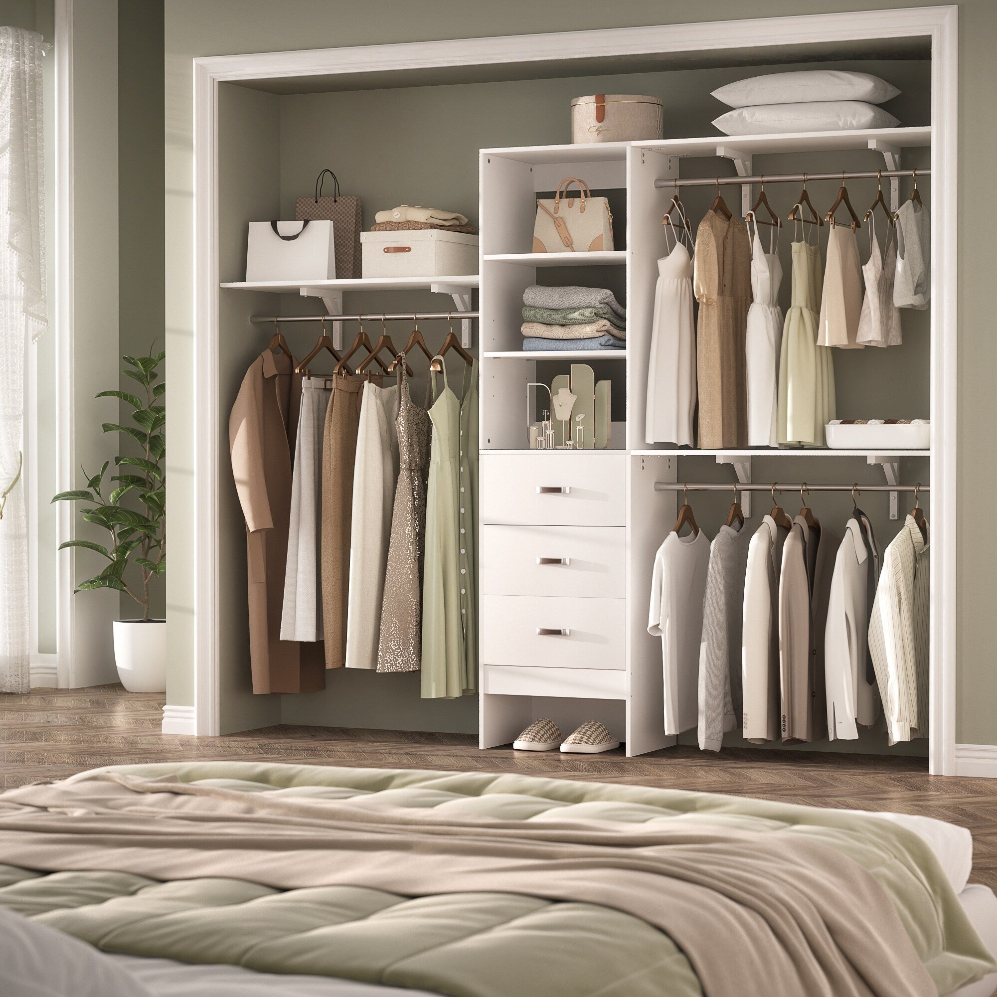 Rackcog 120'' Adjustable Closet Organizer with Drawers, Closet System with DIY Shelves for Reach-in and Walk-in Closet