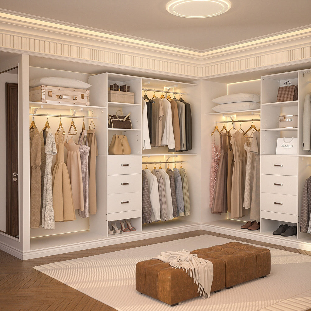 Rackcog 120'' Adjustable Closet Organizer with Drawers, Closet System with DIY Shelves for Reach-in and Walk-in Closet