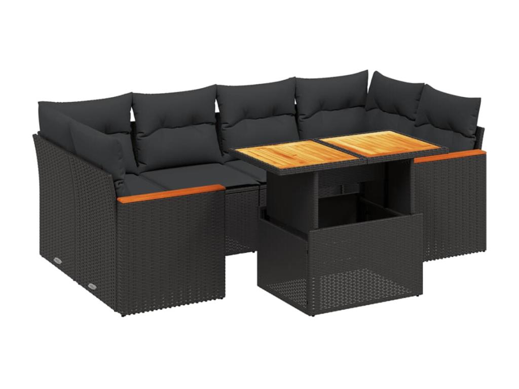 7-piece garden furniture set with cushions, black woven resin