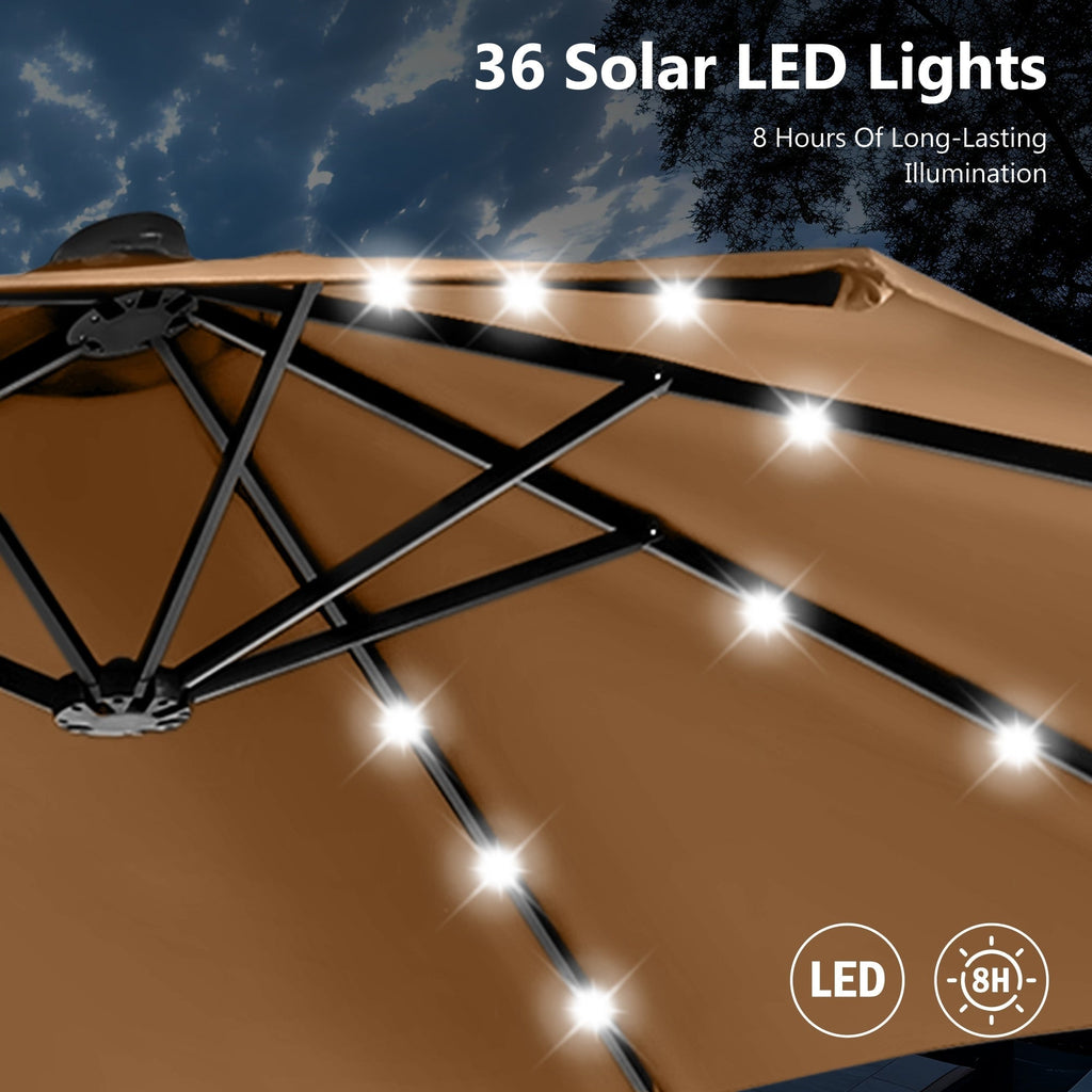 MAISON ARTS 15-foot Rectangular Crank Double-sided Outdoor Market Umbrella Solar LED Lighted Patio Umbrella with Base Included