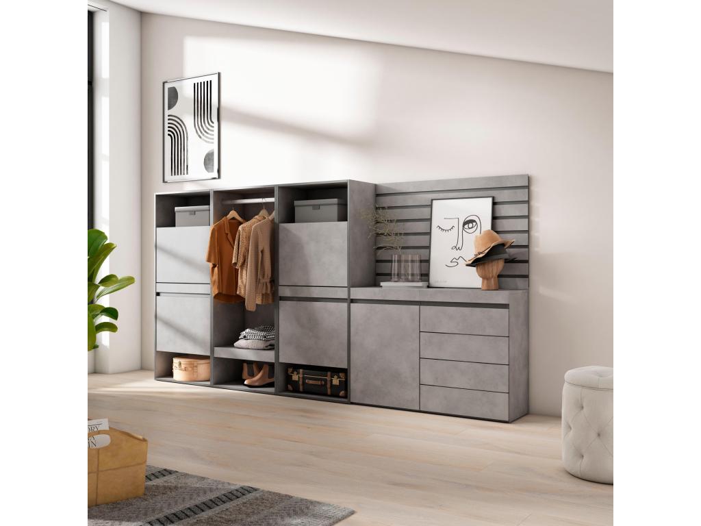 Shoe Cabinet 287x35x145 cm Bedroom Room Open Dressing Room Chest of Drawers Sideboard Wooden Cement Wall Panels