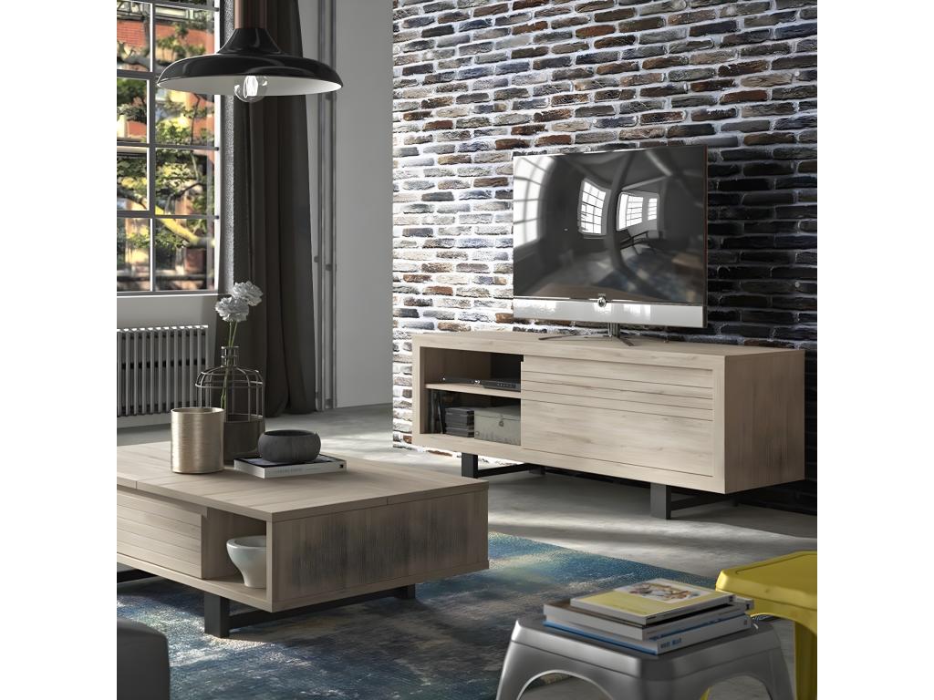 Oak-colored TV stand with 1 drawer - Made in France