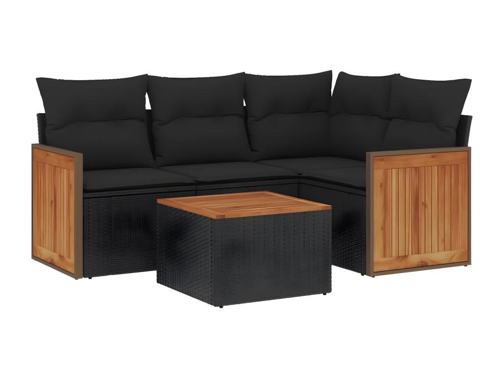 5-piece garden furniture set with cushions, black woven resin