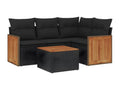 5-piece garden furniture set with cushions, black woven resin