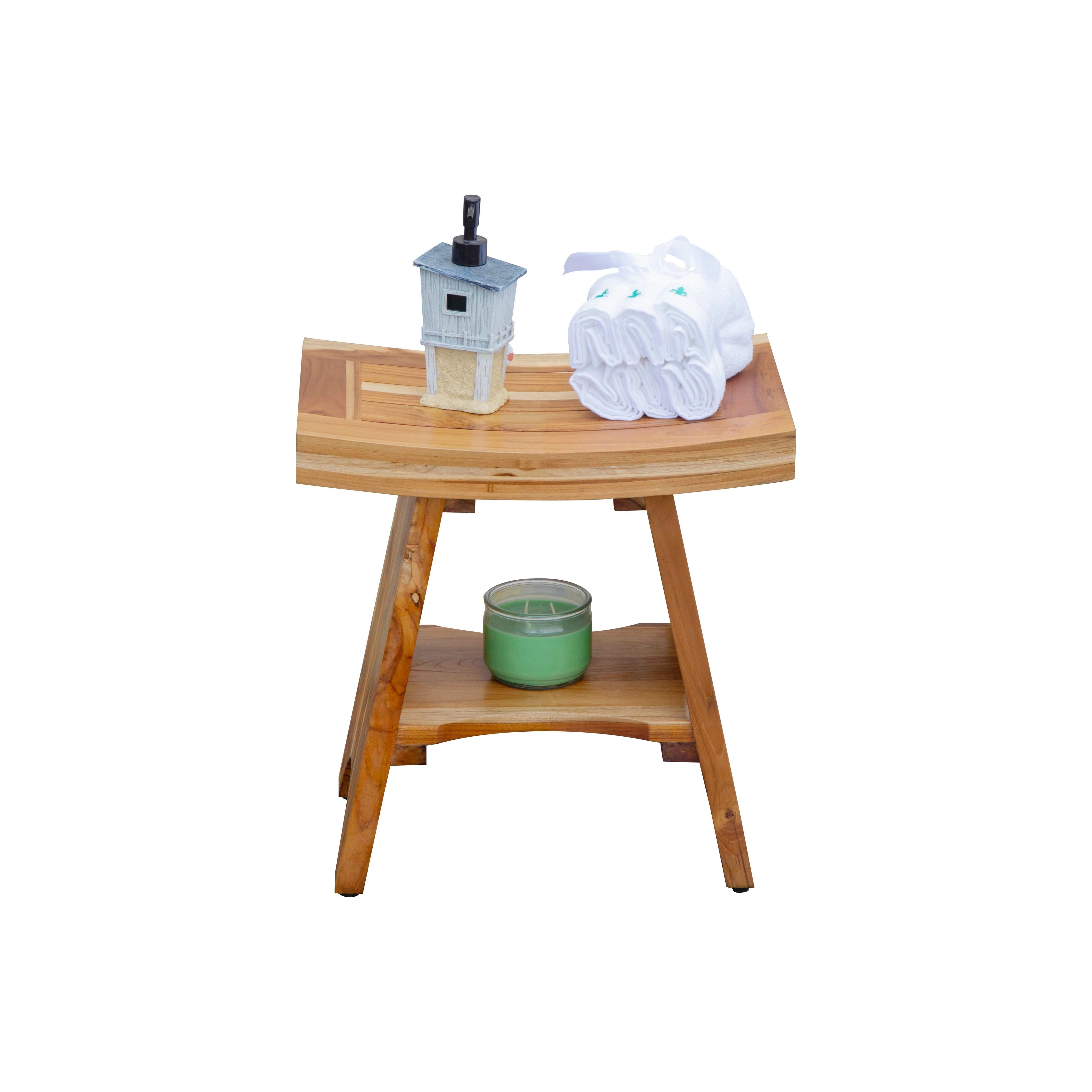 EcoDecors, Serenity, Teak Shower Bench, Teak Shower Stool, Teak Corner Shower Bench, 18 Inch, With Shelf
