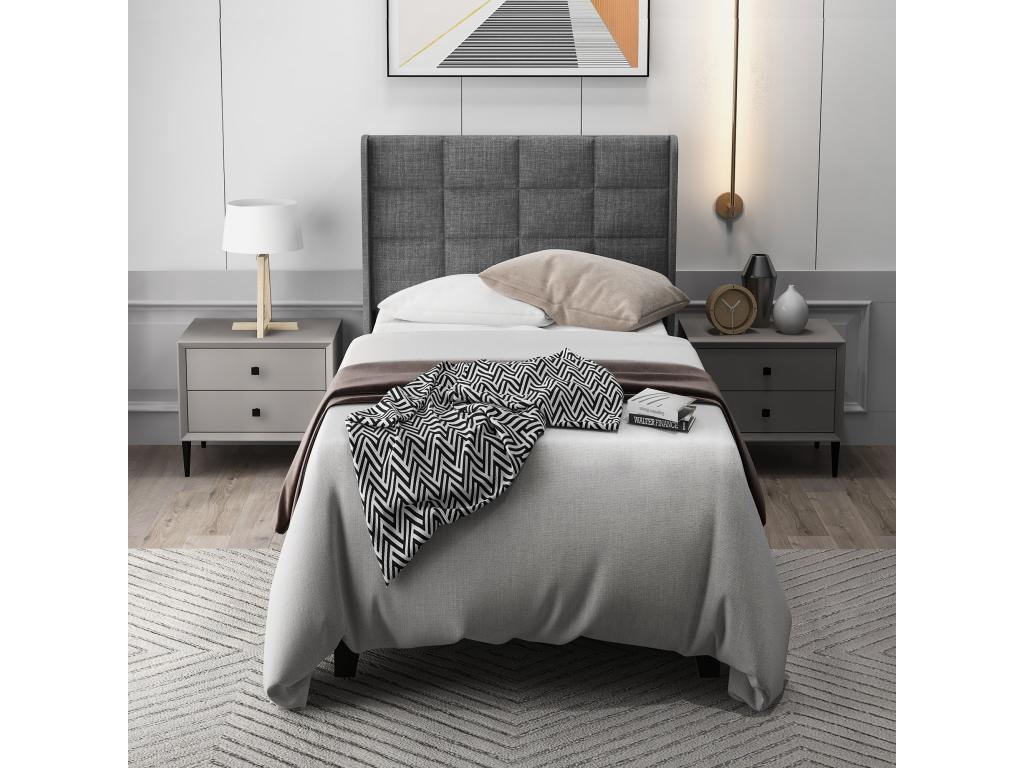 Modern Upholstered Single Bed 90x200 cm with Headboard - Slatted Base - Linen - Grey - Mattress Not Included