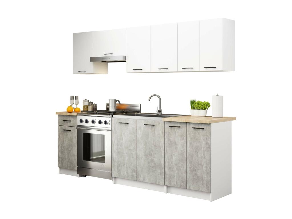 Meublori White Kitchen Set 240 cm 11 doors 1 drawer Concrete front 240x46x203 cm