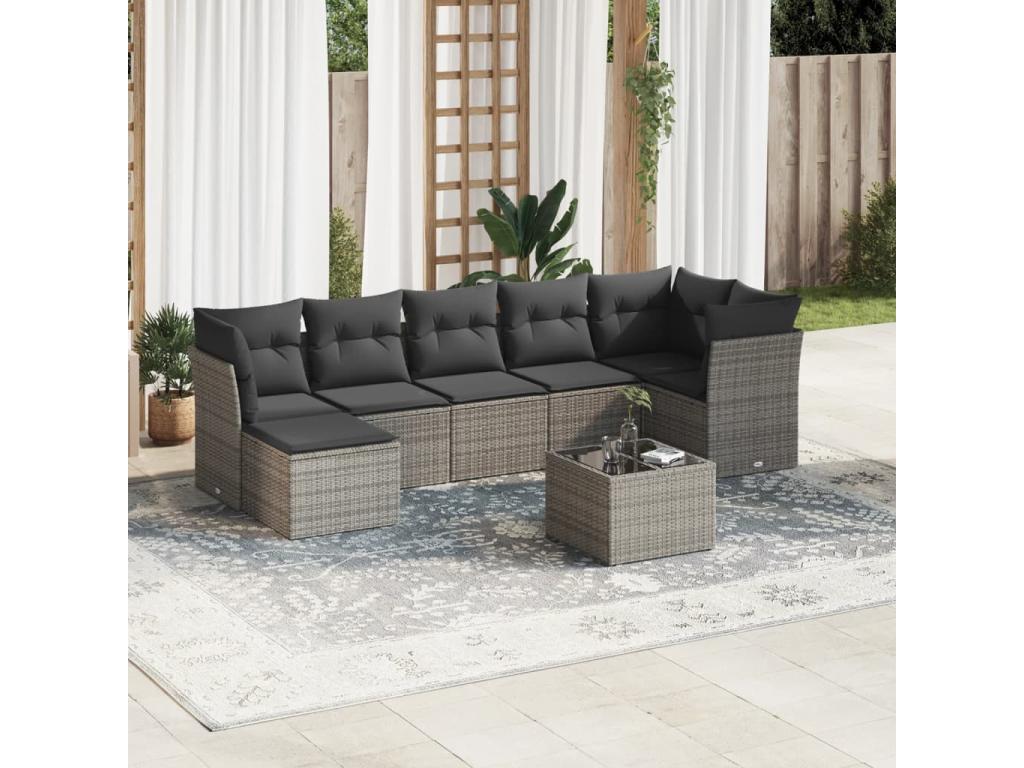 8-piece garden furniture set with grey resin wicker cushions
