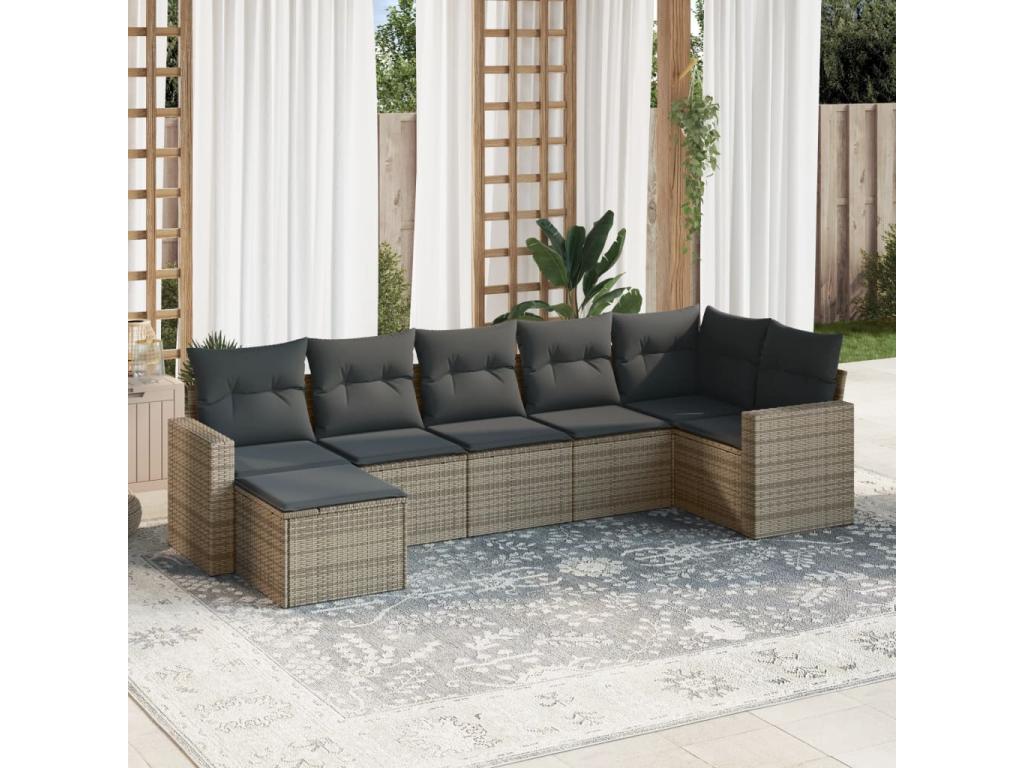 Garden furniture set with cushions, 7 pieces, grey woven resin