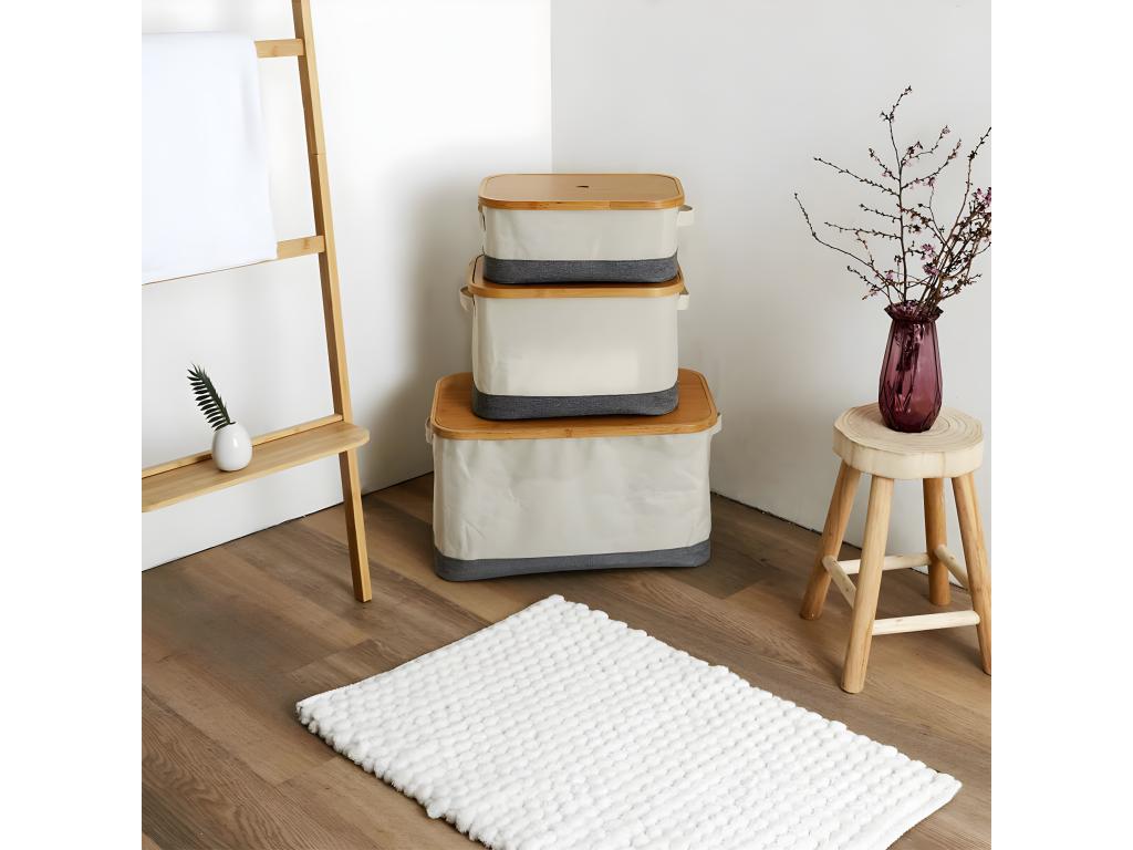 Laviecasa - Set of 3 Laviecasa Baskets with Lids, White and Grey Fabric XJNU53029