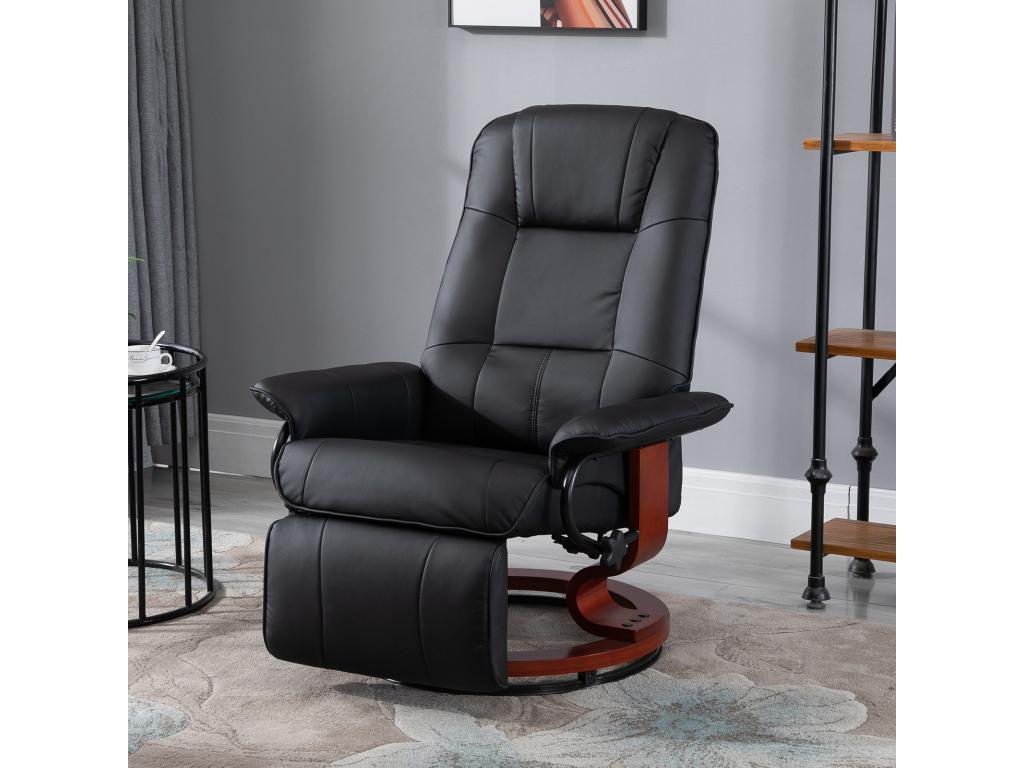 Meublori reclining armchair with adjustable footrest, 360° swivel, wooden base, and black PU upholstery.