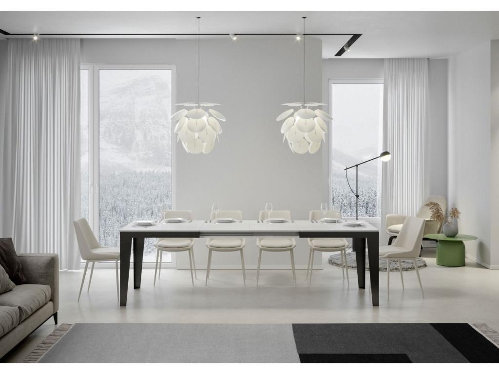 Extendable rectangular table for 6 to 12 people, L 160 to 264cm, white with dark grey steel legs, Laviecasa MCPK08507