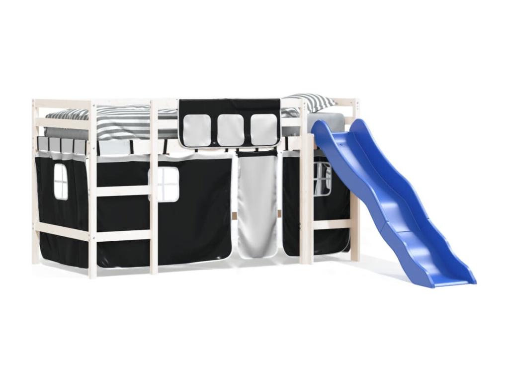 Children's loft bed and curtains, white/black, 90x200cm, solid pine