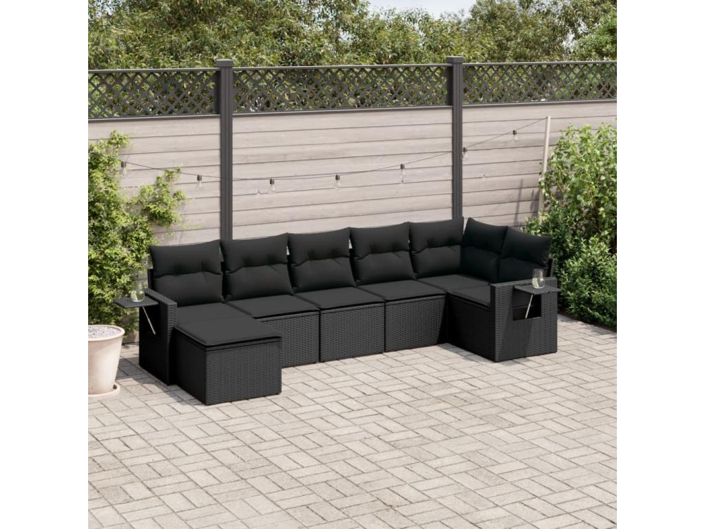 7-piece garden furniture set with cushions, black woven resin