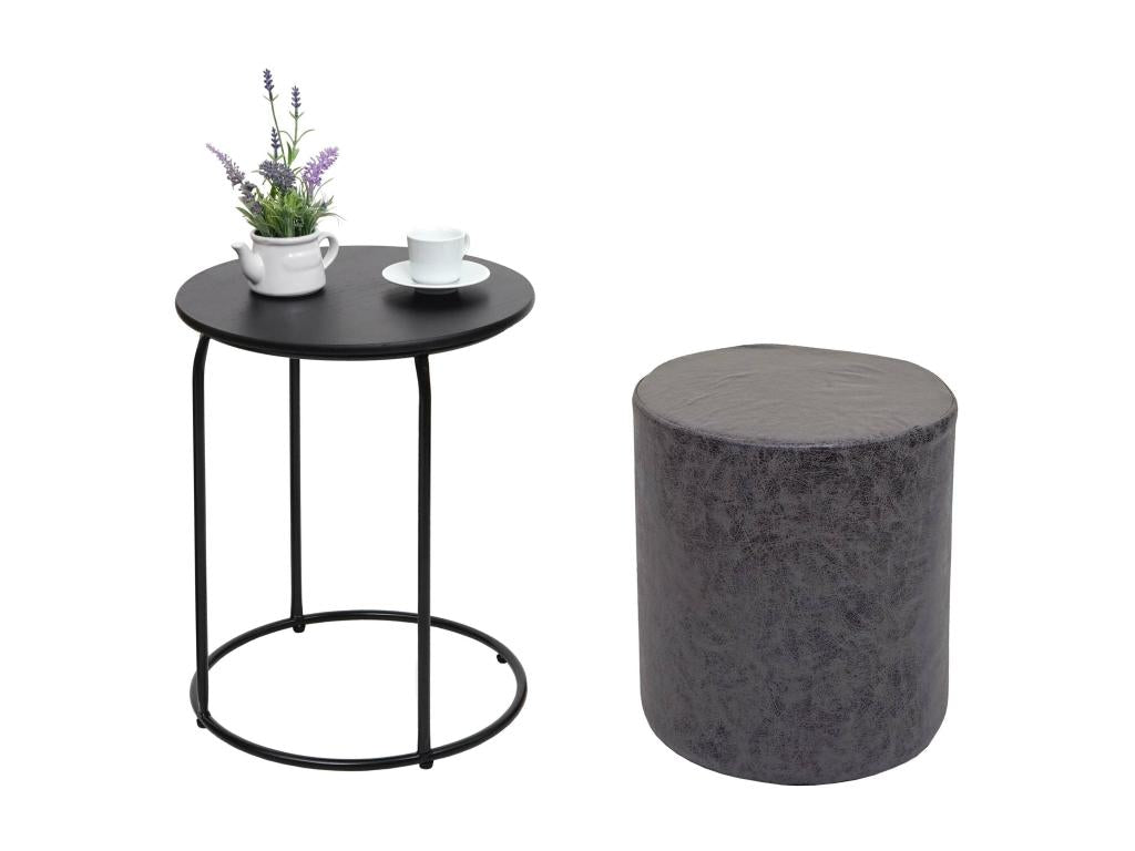 Set of 2 poufs and side table Meublori-K48 - coffee table, stool - Meublori certified MDF, metal, faux leather - black