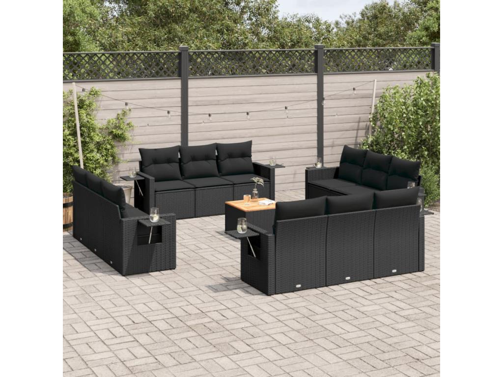 13-piece garden furniture set with cushions, black woven resin