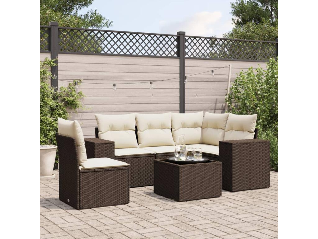 Garden furniture set with cushions, 6 pieces, brown woven resin