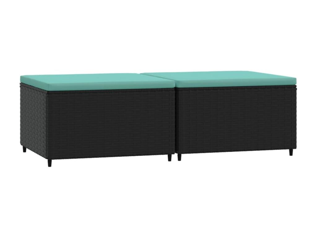 Garden footrest with cushions, 2 pcs, black woven resin