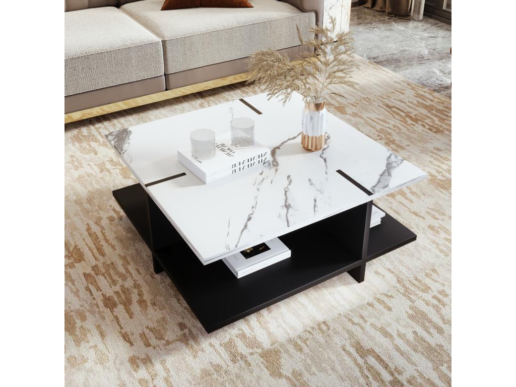 Square coffee table with open storage compartment - 72x72x32 cm - MDF wood - white and black