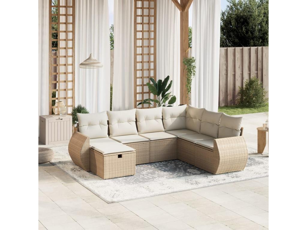 7-piece garden furniture set with cushions, beige woven resin VEBS25835