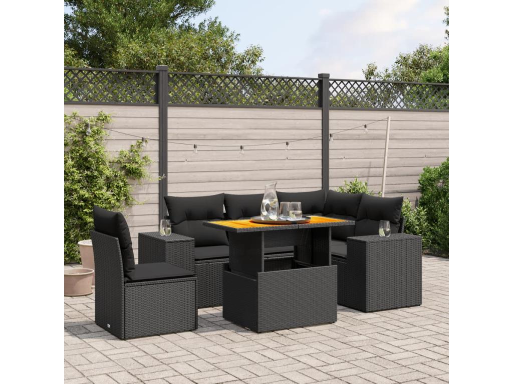 6-piece garden furniture set with cushions, black woven resin AVKF72087