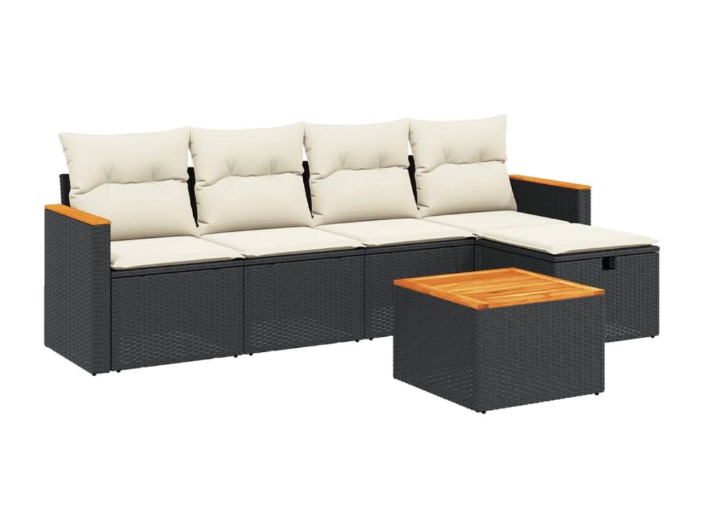 6-piece garden furniture set with cushions, black woven resin