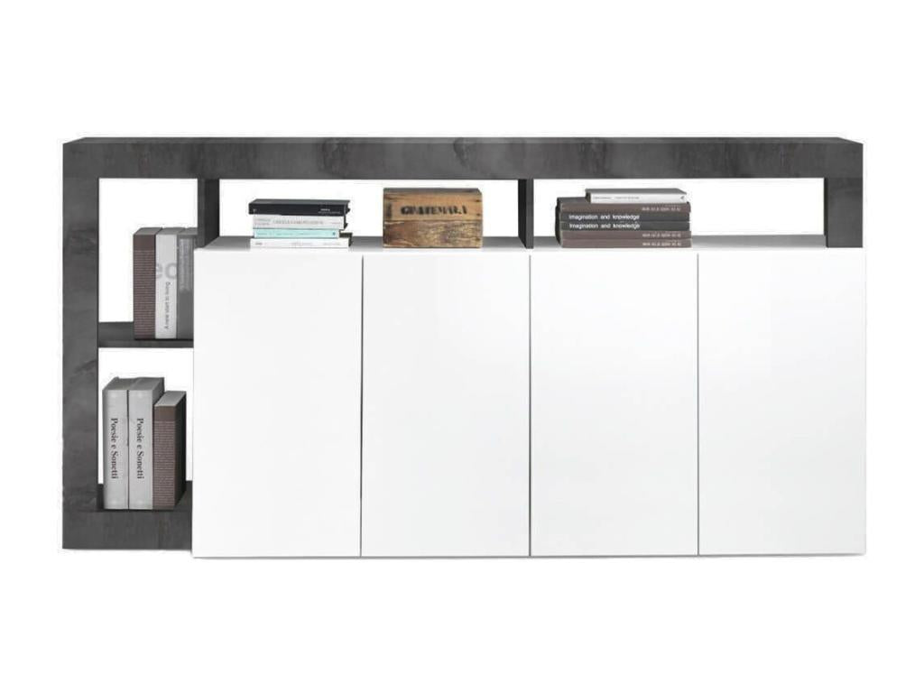 Meublori - 4-Door White Lacquered Buffet with Grey-Effect Niches and Frame