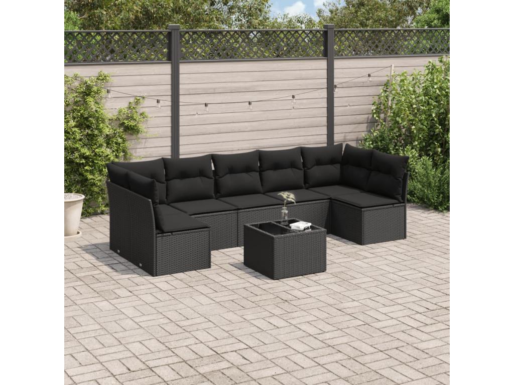 8-piece garden furniture set with cushions, black woven resin