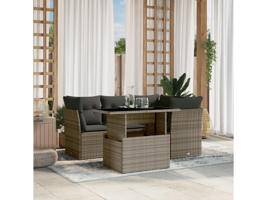 5-piece garden furniture set with grey resin wicker cushions GHKJ19920