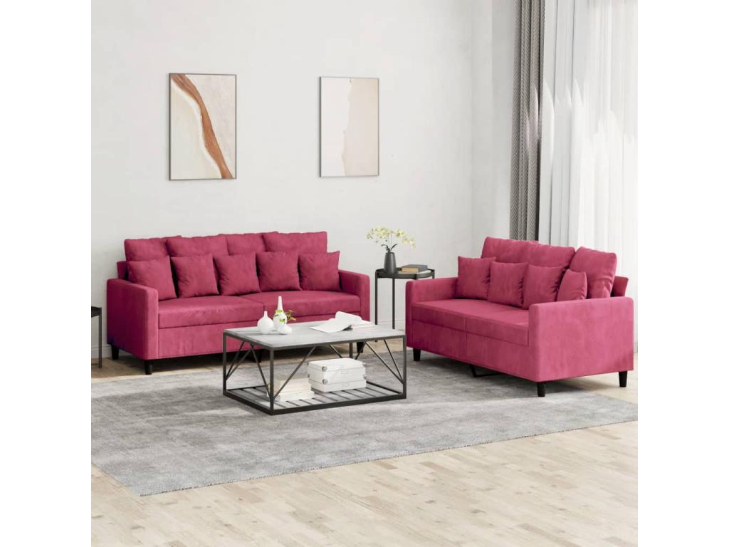 2-piece sofa set with cushions, burgundy velvet