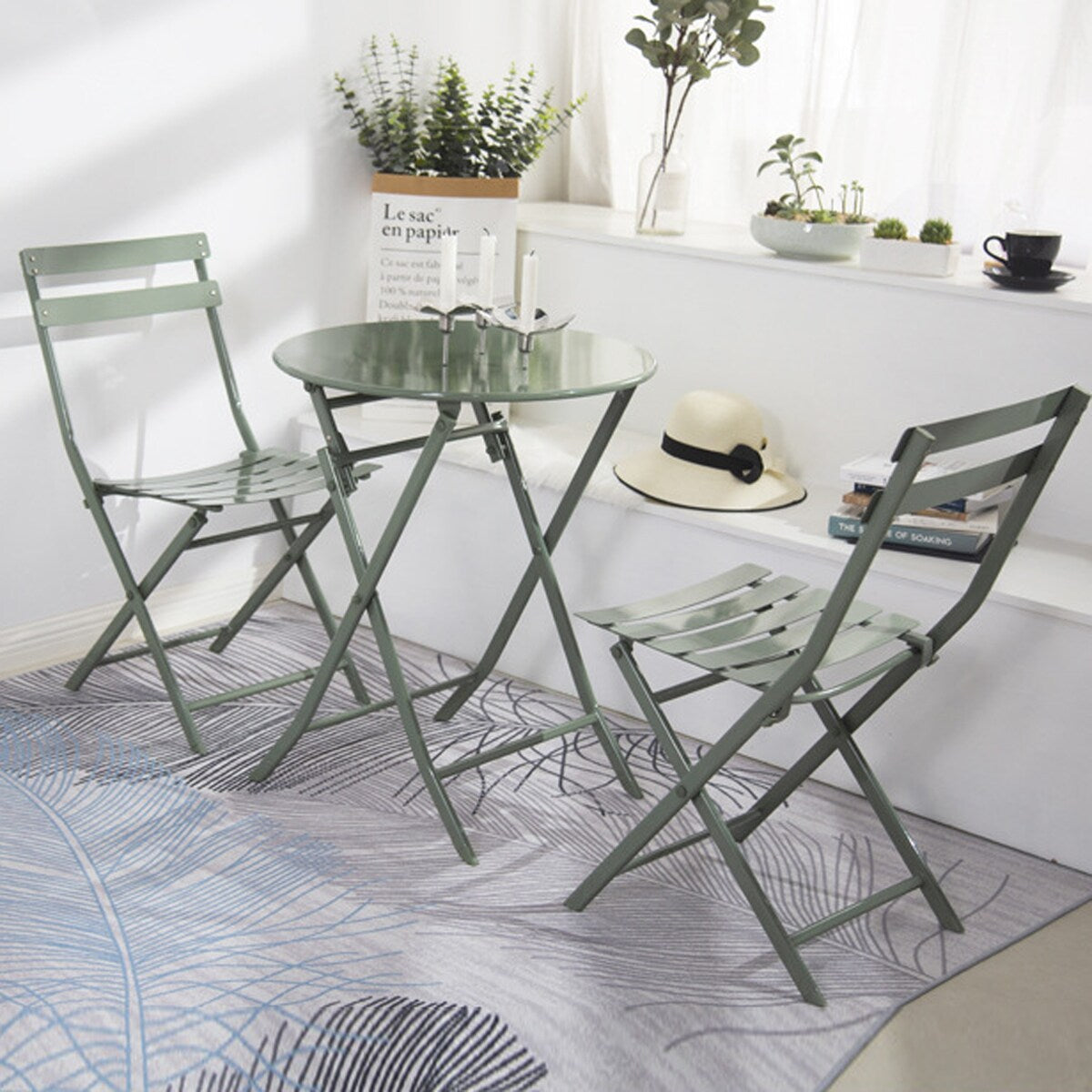3-Piece Minimalist Patio Bistro Set of Foldable Round Table & Chairs - 3-Piece-Patio-Bistro-Set