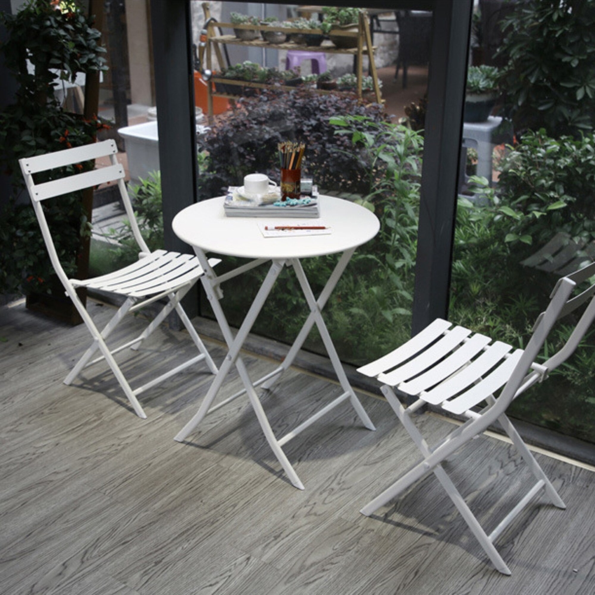 3-Piece Minimalist Patio Bistro Set of Foldable Round Table & Chairs - 3-Piece-Patio-Bistro-Set