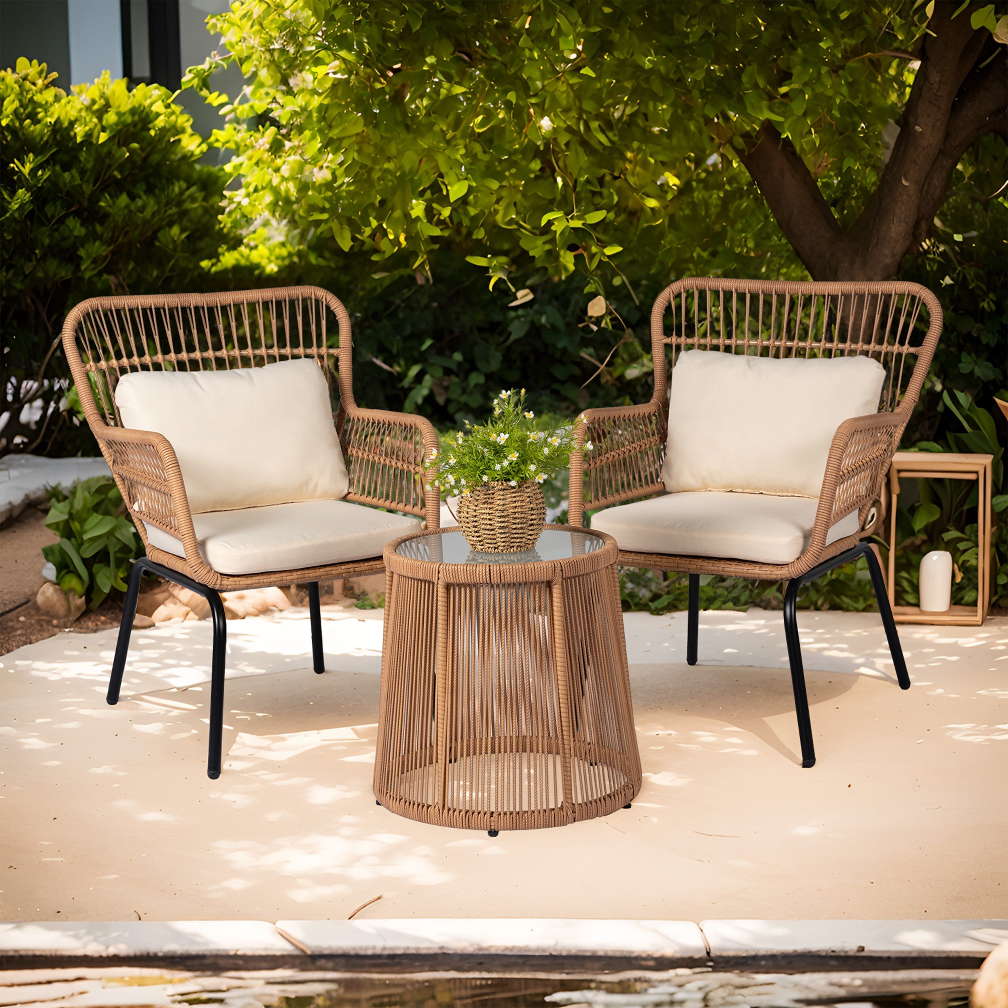 3 Piece Outdoor Wicker Conversation Bistro Set, All-Weather Rattan Furniture Patio Chairs Set with Cushions
