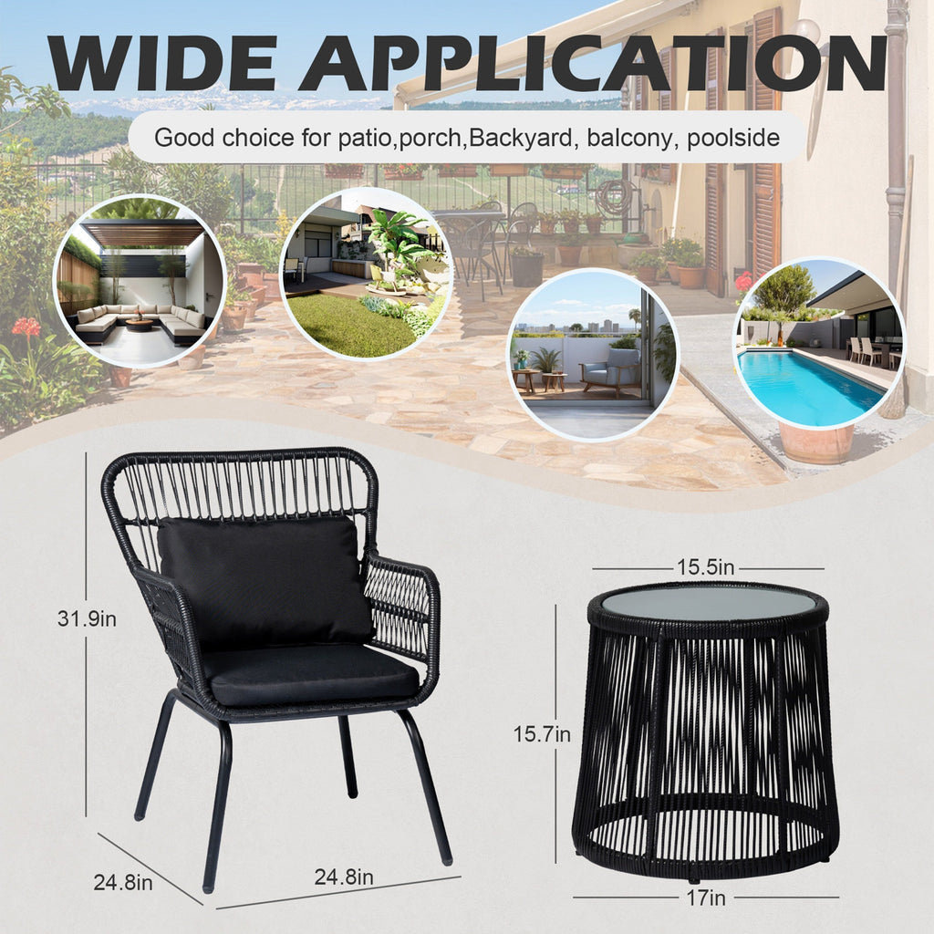 3 Piece Outdoor Wicker Conversation Bistro Set, All-Weather Rattan Furniture Patio Chairs Set with Cushions