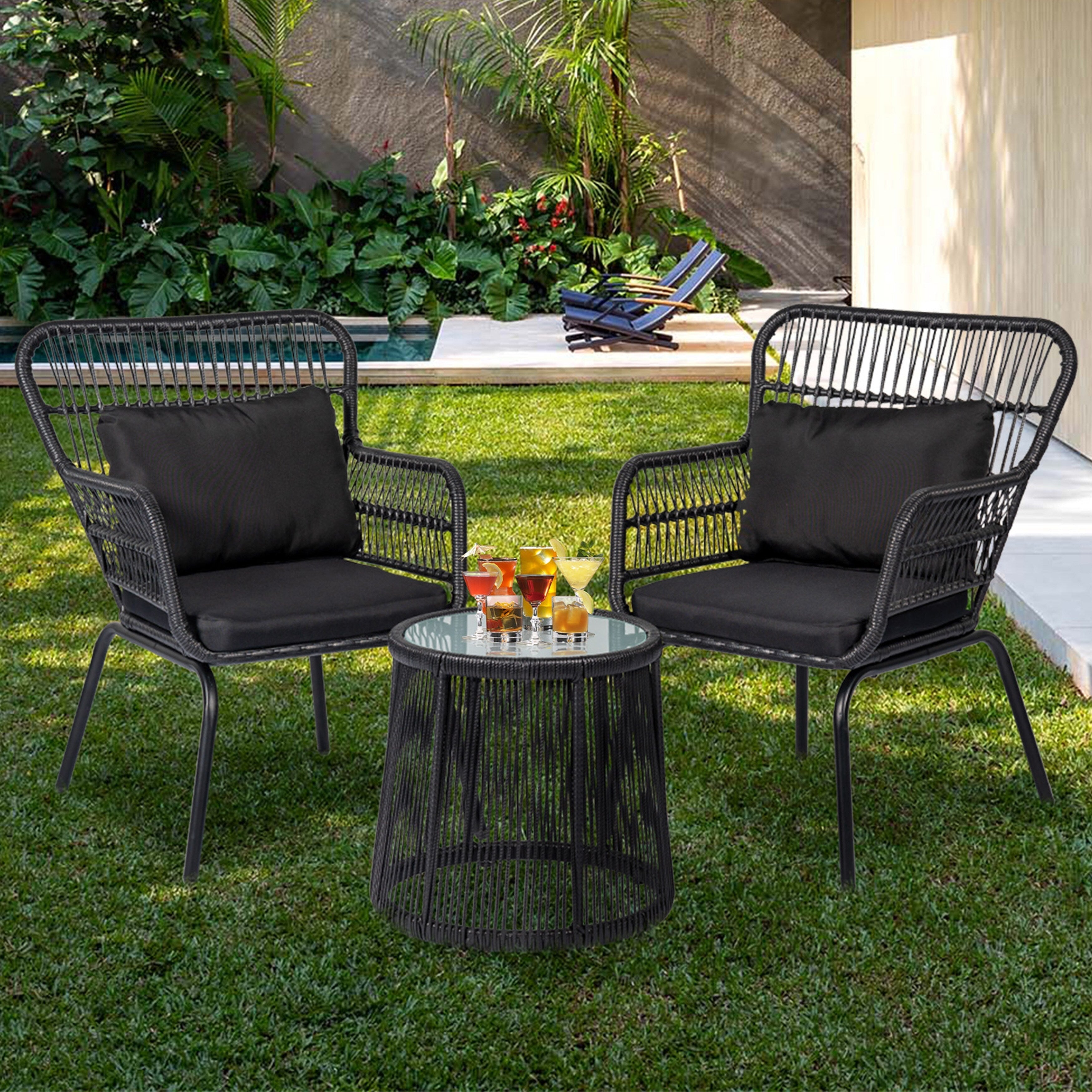 3 Piece Outdoor Wicker Conversation Bistro Set, All-Weather Rattan Furniture Patio Chairs Set with Cushions