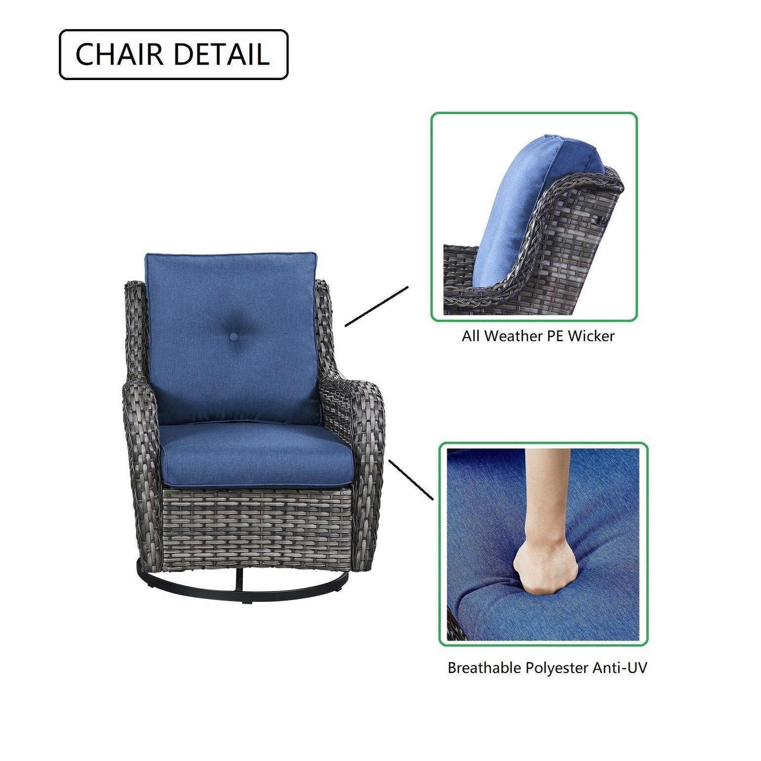 Gymojoy 3 Piece Outdoor Wicker Swivel Rocker with Cushion & Table