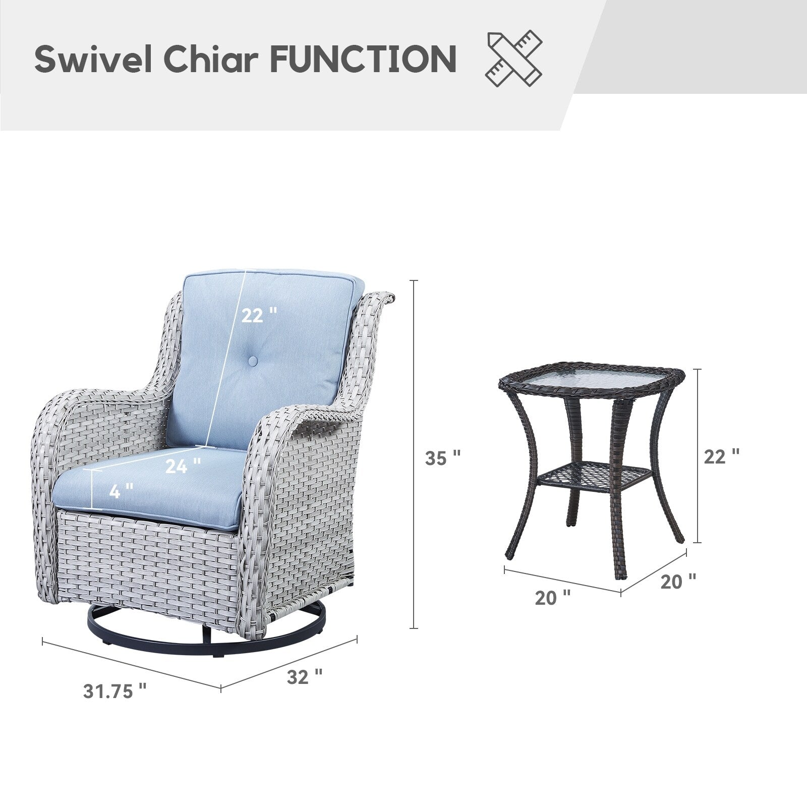 Gymojoy 3 Piece Outdoor Wicker Swivel Rocker with Cushion & Table