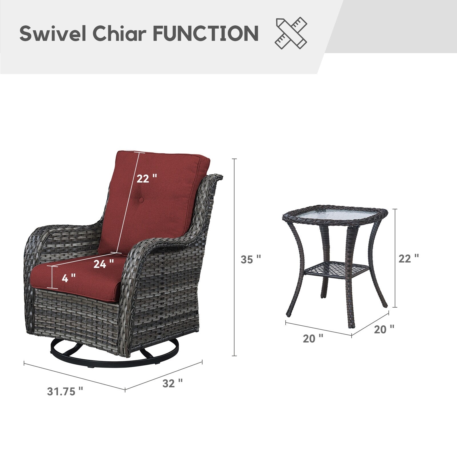 Gymojoy 3 Piece Outdoor Wicker Swivel Rocker with Cushion & Table