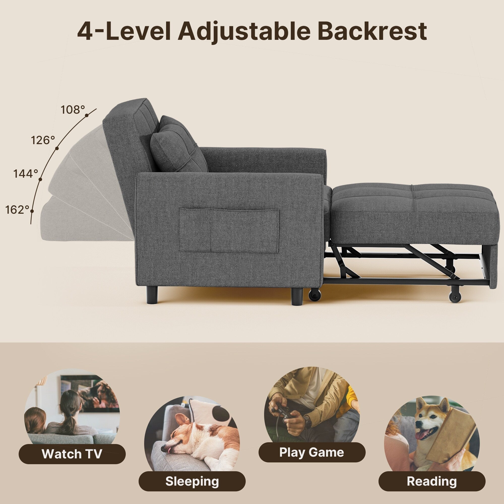 3-in-1 Pull-Out Sofa Bed Sleeper Chair , Convertible Adjustable Foldable Upholstered Lounge Couch