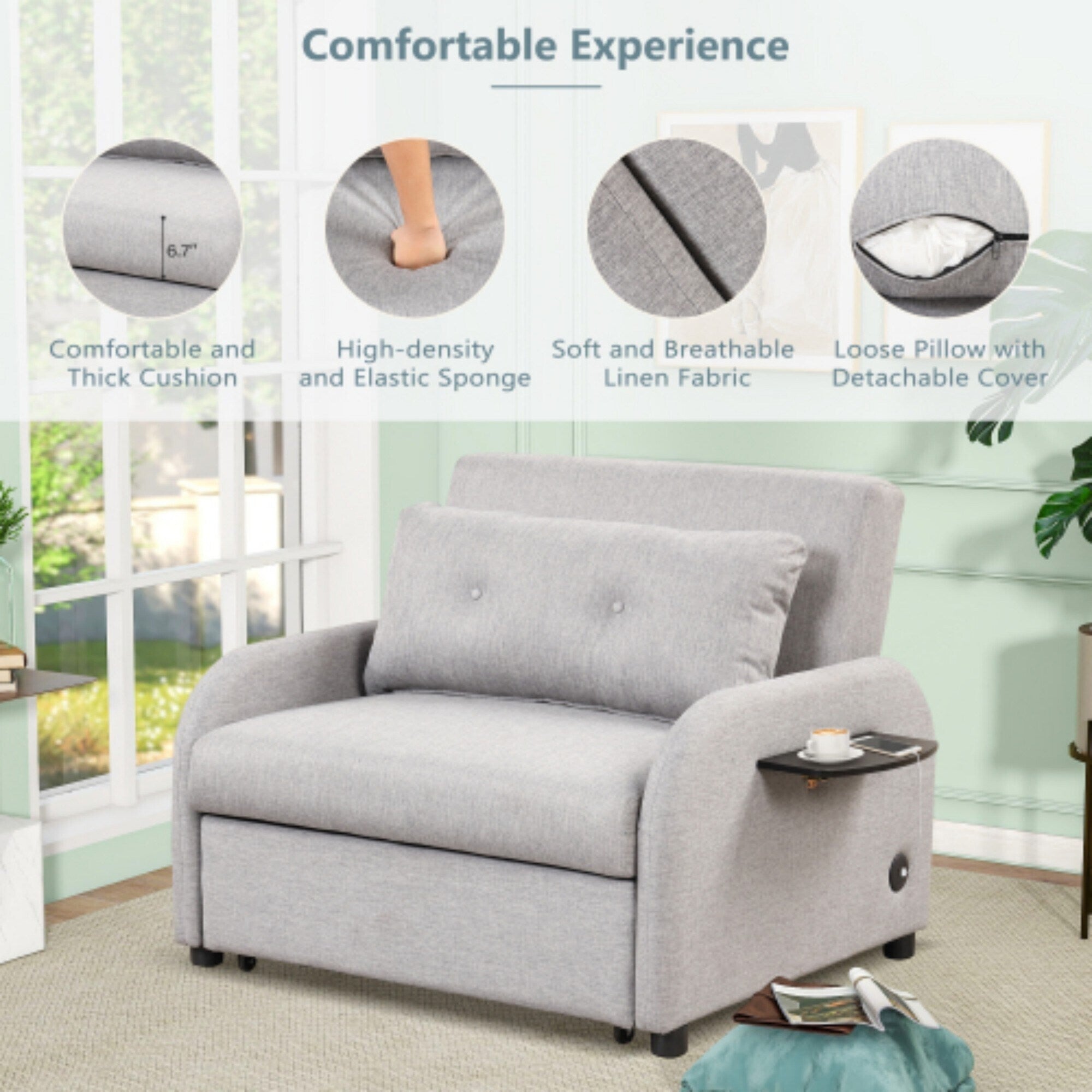 3-in-1 Pull-Out Sofa Sleeper with Collapsible Wing Table & USB Ports by Harper&Bright Designs