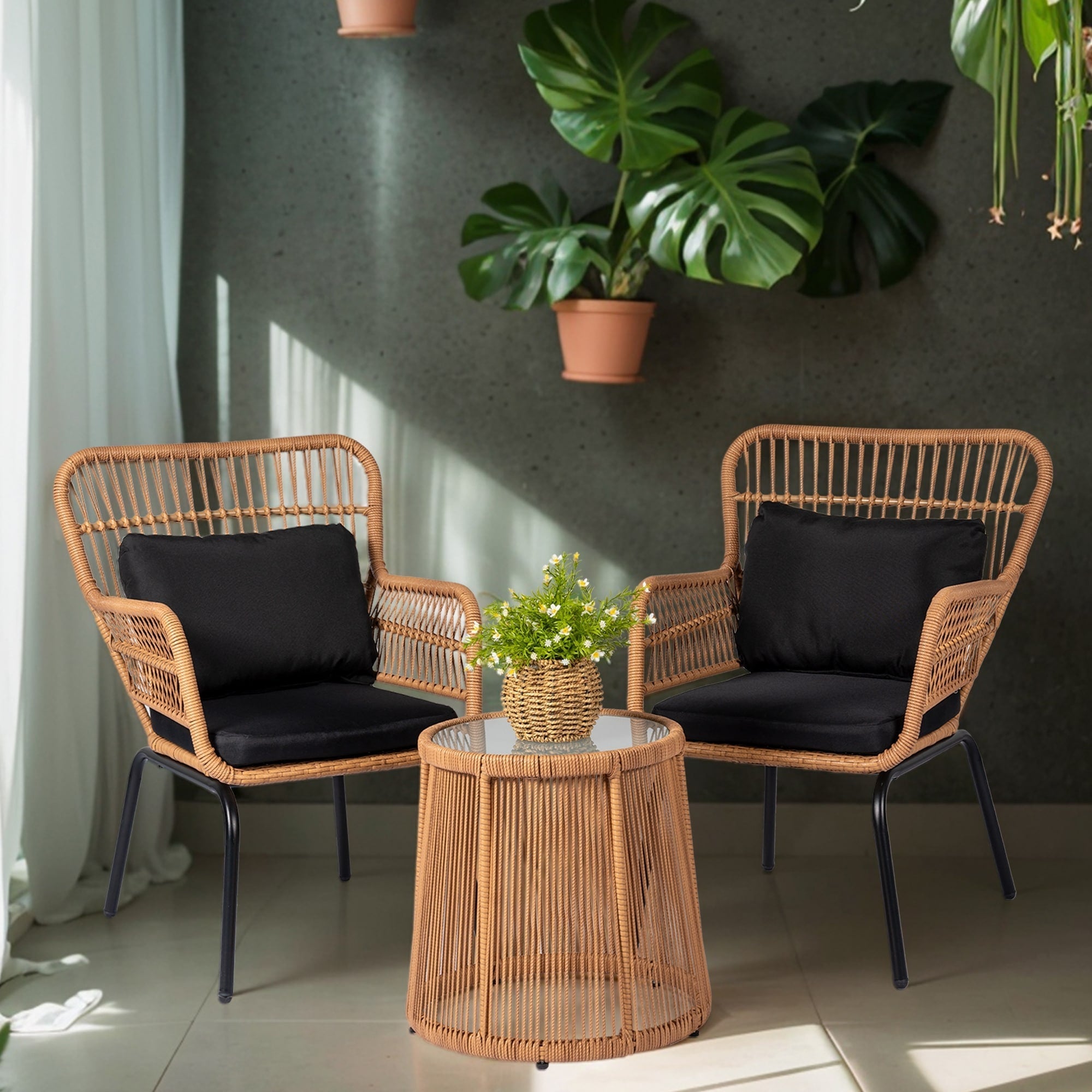 3 Piece Outdoor Wicker Conversation Bistro Set, All-Weather Rattan Furniture Patio Chairs Set with Cushions