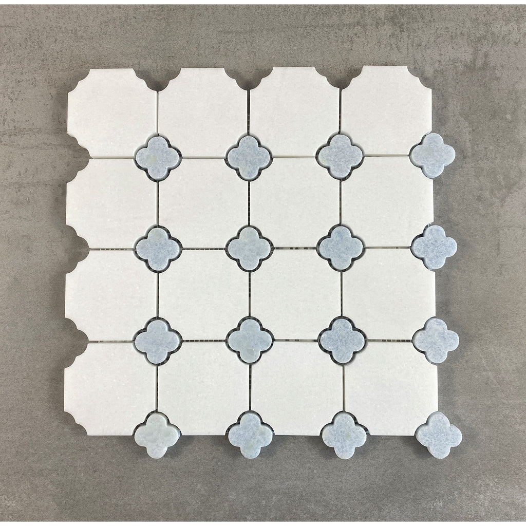 Thassos White with Blue Celeste Flower Pattern Marble Mosaic Tiles - Case (10 Sheets)