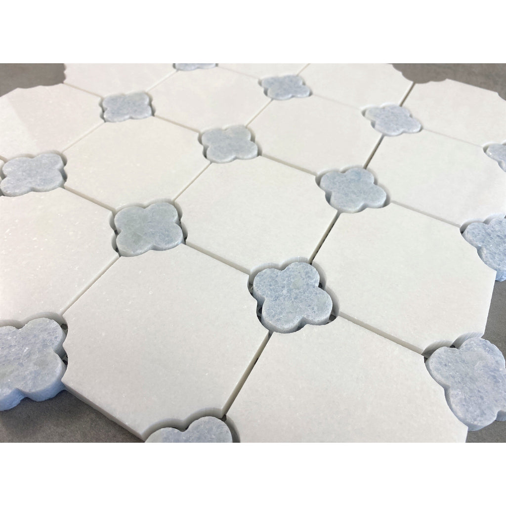 Thassos White with Blue Celeste Flower Pattern Marble Mosaic Tiles - Case (10 Sheets)