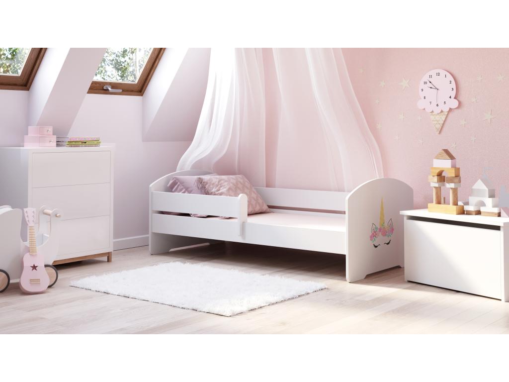 Meublori - 160x80 single bed with graphic design for children, complete with guardrail, mattress and frame