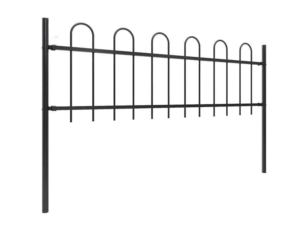 Garden fence with hoop top, steel, 8.5 x 0.6 m, black