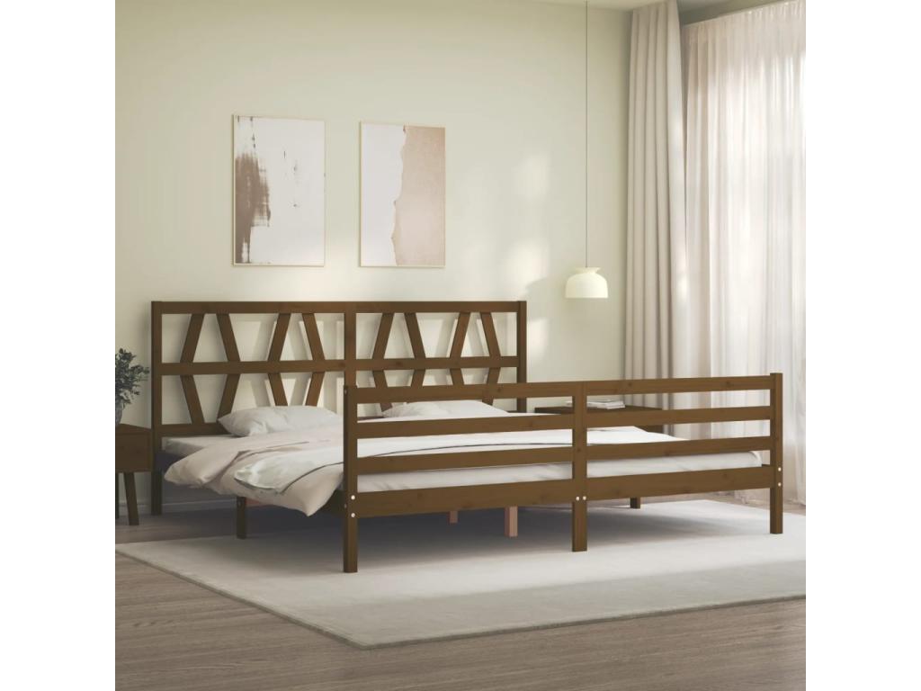 Bed frame with headboard, honey brown, 200x200cm, solid wood